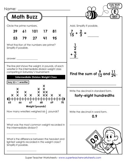 Math Buzz: Week 11 Worksheets 51 through 55 (Printable PDF Worksheet)