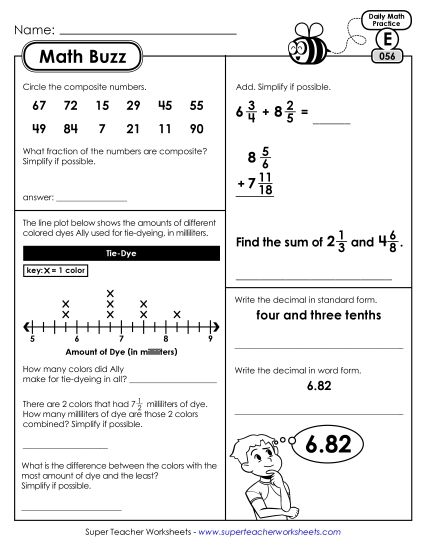 Math Buzz: Week 12 Worksheets 56 through 60 (Printable PDF Worksheet)