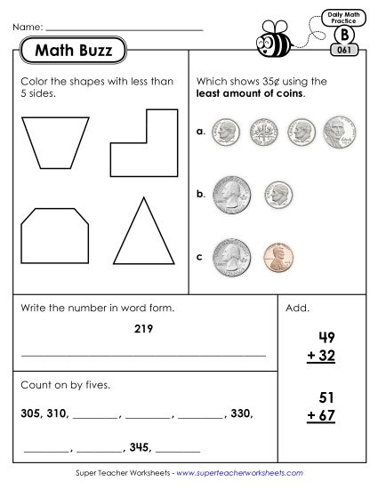 Math Buzz: Week 13 Worksheets 61 through 65 (Printable PDF Worksheet)
