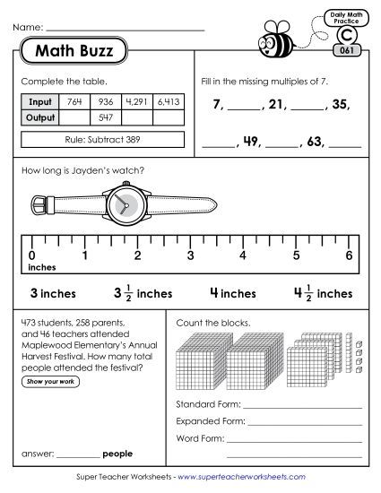 Math Buzz: Week 13 Worksheets 61 through 65 (Printable PDF Worksheet)