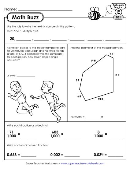 Math Buzz: Week 13 Worksheets 61 through 65 (Printable PDF Worksheet)