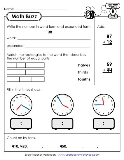 Math Buzz: Week 15 Worksheets 71 through 75 (Printable PDF Worksheet)