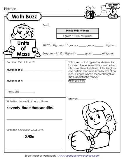 Math Buzz: Week 15 Worksheets 71 through 75 (Printable PDF Worksheet)