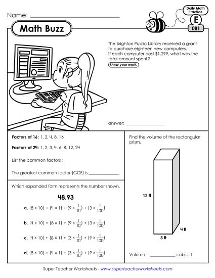 Math Buzz: Week 17 Worksheets 81 through 85 (Printable PDF Worksheet)
