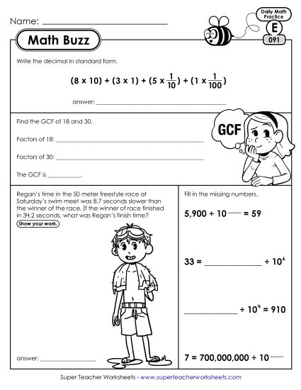 Math Buzz: Week 19 Worksheets 91 through 95 (Printable PDF Worksheet)