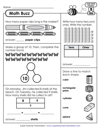Math Buzz: Week 2 Worksheets 6 through 10 (Printable PDF Worksheet)