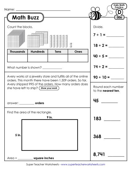Math Buzz: Week 2 Worksheets 6 through 10 (Printable PDF Worksheet)