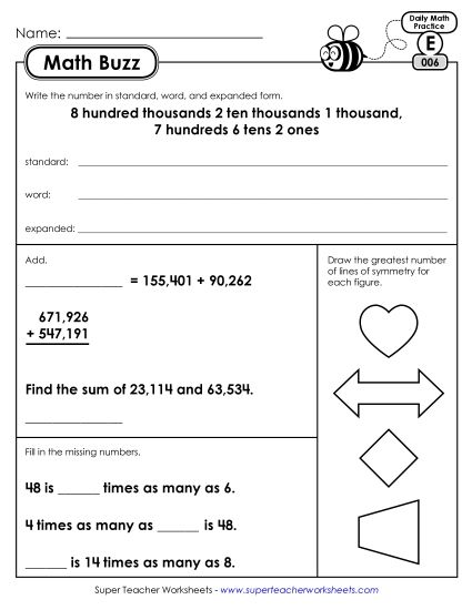 Math Buzz: Week 2 Worksheets 6 through 10 (Printable PDF Worksheet)