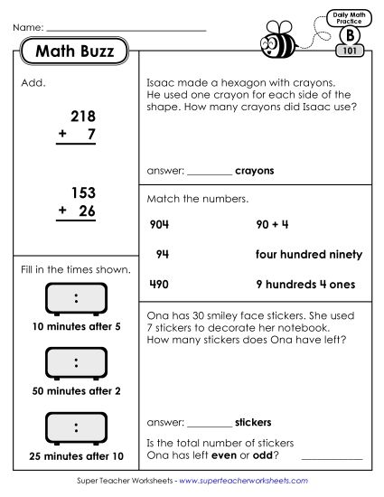 Math Buzz: Week 21 Worksheets 101 through 105 (Printable PDF Worksheet)