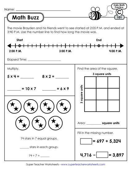 Math Buzz: Week 21 Worksheets 101 through 105 (Printable PDF Worksheet)