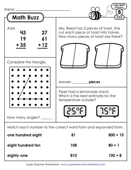 Math Buzz: Week 23 Worksheets 111 through 115 (Printable PDF Worksheet)