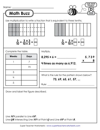 Math Buzz: Week 23 Worksheets 111 through 115 (Printable PDF Worksheet)