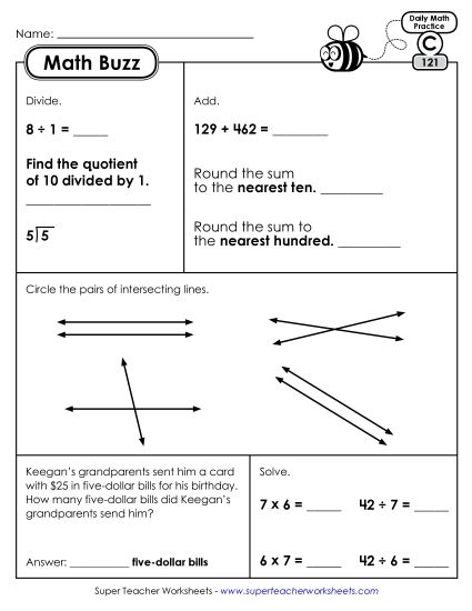 Math Buzz: Week 25 Worksheets 121 through 125 (Printable PDF Worksheet)