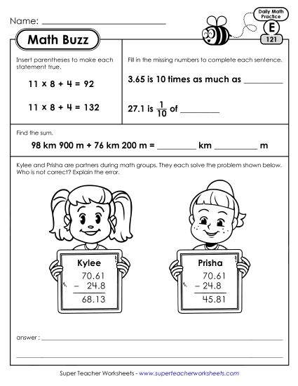 Math Buzz: Week 25 Worksheets 121 through 125 (Printable PDF Worksheet)