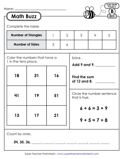 Math Buzz: Week 3 Worksheets 11 through 15 (Printable PDF Worksheet)