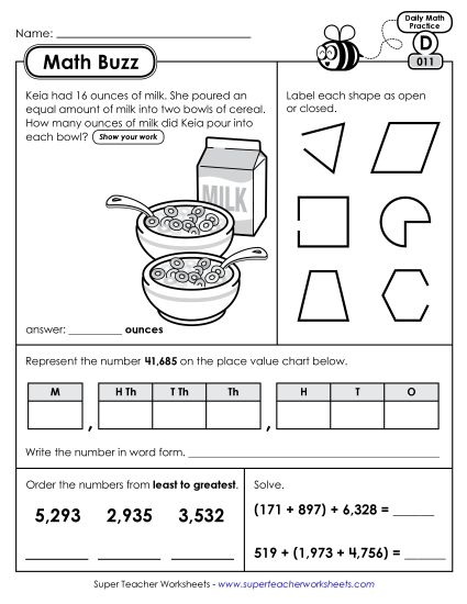 Math Buzz: Week 3 Worksheets 11 through 15 (Printable PDF Worksheet)
