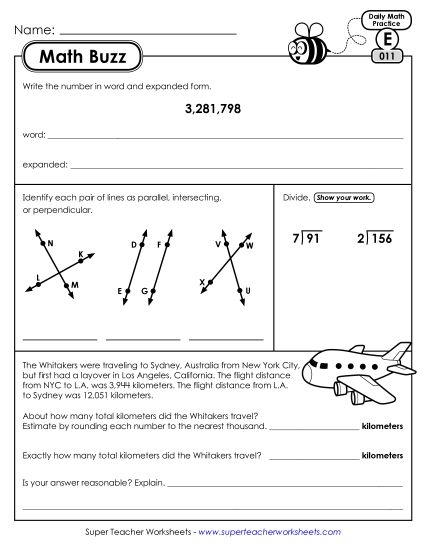 Math Buzz: Week 3 Worksheets 11 through 15 (Printable PDF Worksheet)
