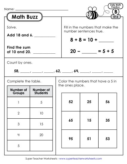 Math Buzz: Week 4 Worksheets 16 through 20 (Printable PDF Worksheet)