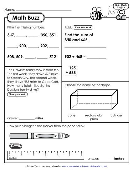 Math Buzz: Week 5 Worksheets 21 through 25 (Printable PDF Worksheet)