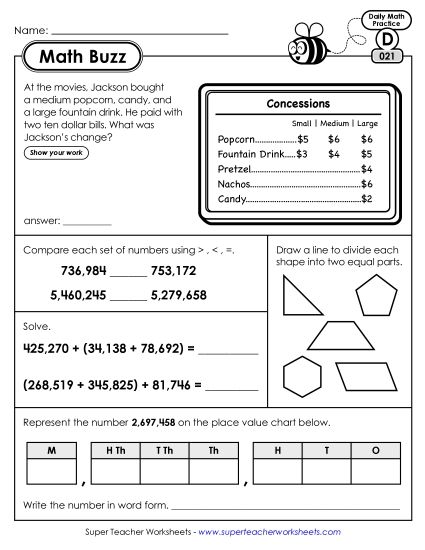 Math Buzz: Week 5 Worksheets 21 through 25 (Printable PDF Worksheet)