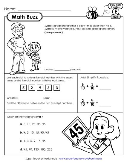 Math Buzz: Week 5 Worksheets 21 through 25 (Printable PDF Worksheet)