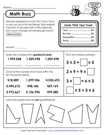Math Buzz: Week 6 Worksheets 26 through 30 (Printable PDF Worksheet)