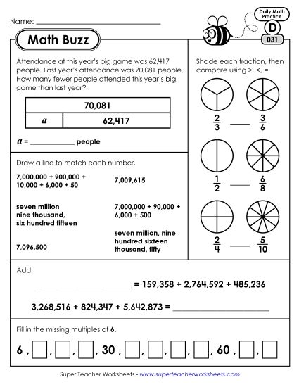 Math Buzz: Week 7 Worksheets 31 through 35 (Printable PDF Worksheet)