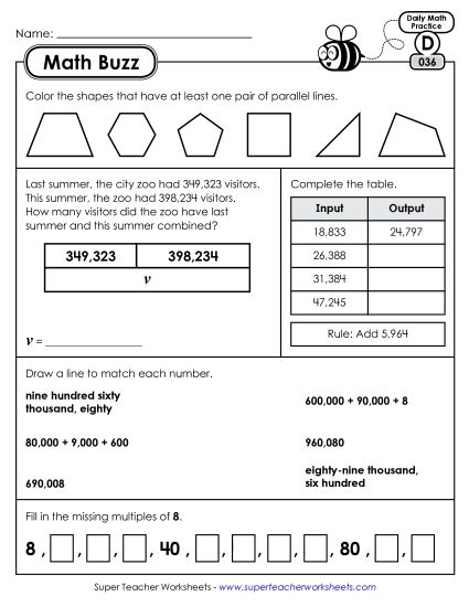 Math Buzz: Week 8 Worksheets 36 through 40 (Printable PDF Worksheet)
