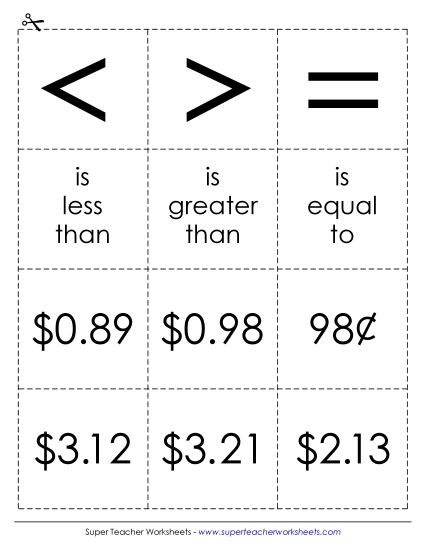 Comparing - Math Cards: Comparing Money (Printable PDF Worksheet)