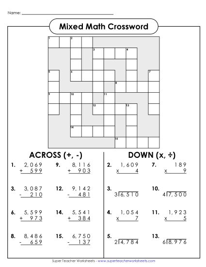 Mixed - Math Crossword - Add, Subt, Mult, Div (Printable PDF Worksheet)