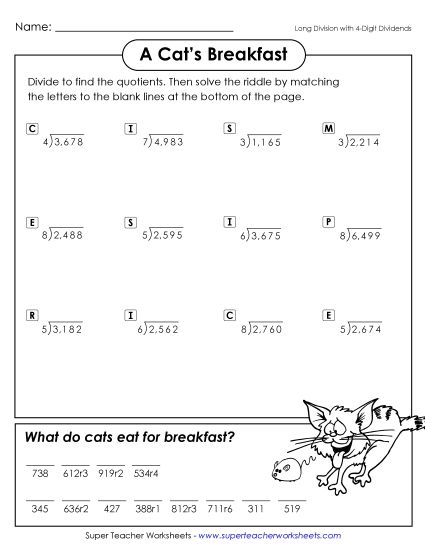 4-Digit Dividends - Math Long Division Riddle: Cat's Breakfast (Printable PDF Worksheet)