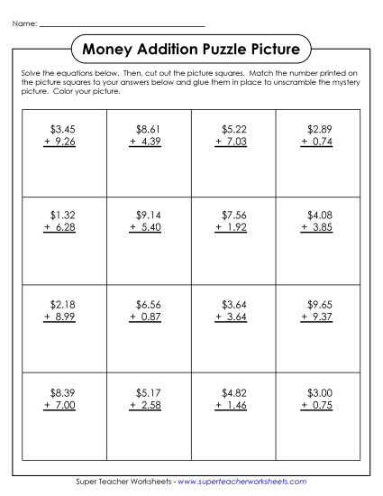 New Year Math - Math Picture Puzzle: Adding Money (Printable PDF Worksheet)