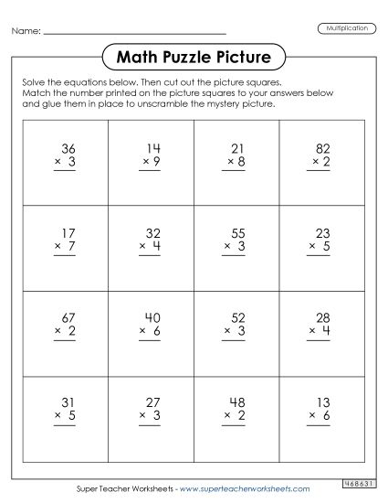Math Worksheets - Math Puzzle Picture  (2-Digit Times 1-Digit Multiplication) (Printable PDF Worksheet)