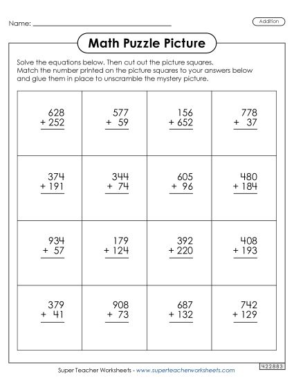 Math Worksheets - Math Puzzle Picture  (3-Digit Addition) (Printable PDF Worksheet)