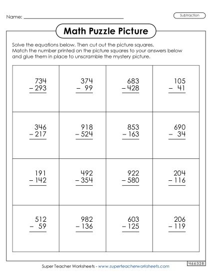 Math Worksheets - Math Puzzle Picture  (3-Digit Subtraction with Regrouping) (Printable PDF Worksheet)