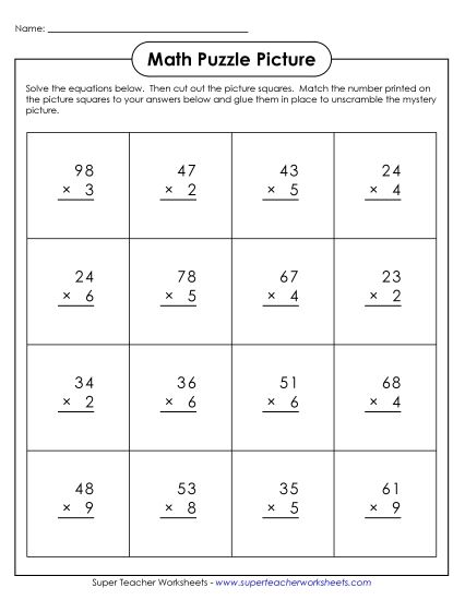 Thanksgiving Multiplication - Math Puzzle Picture (Cut-and-Glue): 2-Digit by 1-Digit Multiplication (Printable PDF Worksheet)