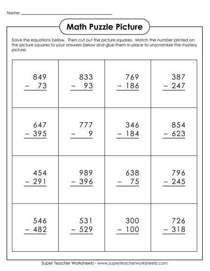 Thanksgiving Subtraction - Math Puzzle Picture (Cut-and-Glue): 3-Digit Subtraction (Printable PDF Worksheet)