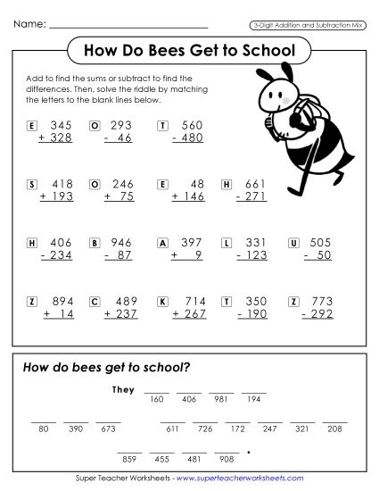 Addition and Subtraction Mixed - Math Riddle: Bee School (Printable PDF Worksheet)
