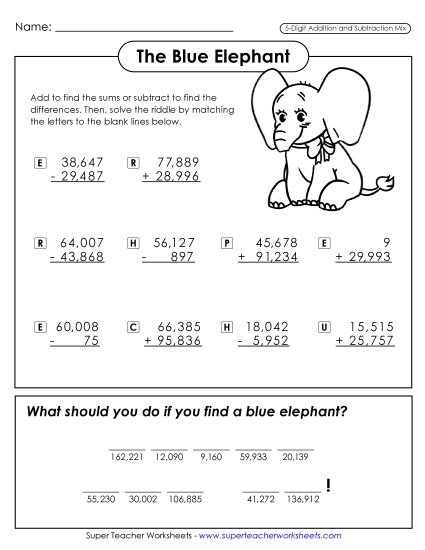 Addition and Subtraction Mixed - Math Riddle: Blue Elephant (Add/Subtract; 5 Digits) (Printable PDF Worksheet)