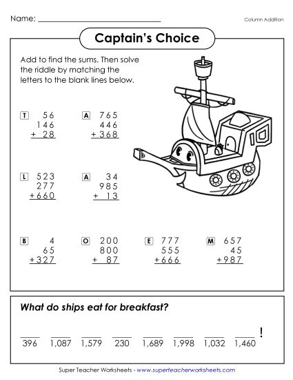 Three-Digit - Math Riddle: Captain's Choice (Printable PDF Worksheet)