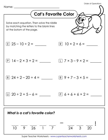 Math Riddle: Cat's Favorite Color (Printable PDF Worksheet)
