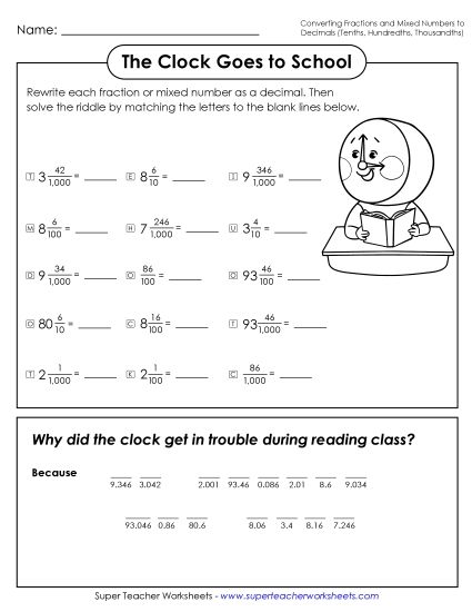 Thousandths - Math Riddle: Clock (Tenths, Hundredths, Thousandths) (Printable PDF Worksheet)