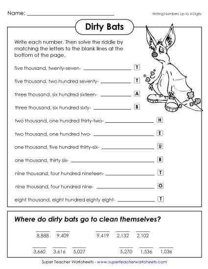 Place Value - Math Riddle: Dirty Bats (Printable PDF Worksheet)