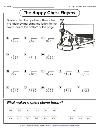 Basic Remainders - Math Riddle Division Activity: Happy Chess Player (Printable PDF Worksheet)