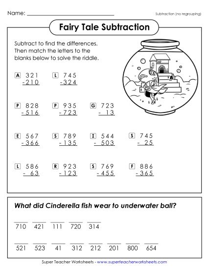 Subtraction Worksheets (No Borrowing) - Math Riddle: Fairy Tale (Subtracting 3-Digit Numbers / No Borrowing) (Printable PDF Worksheet)