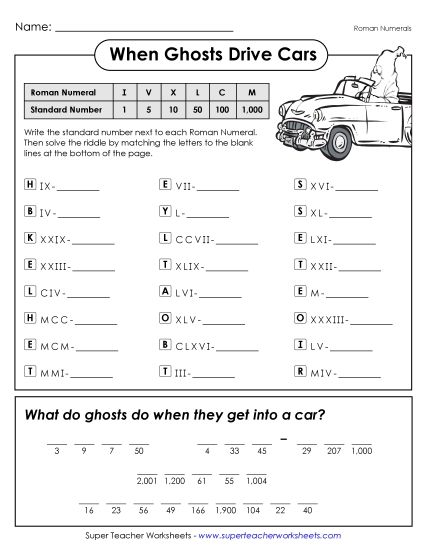 Roman Numerals - Math Riddle: Ghost Drivers (Roman Numerals) (Printable PDF Worksheet)