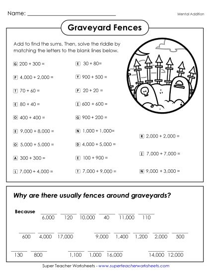 Addition - Math Riddle: Graveyard Fences (Mental Math: Addition) (Printable PDF Worksheet)