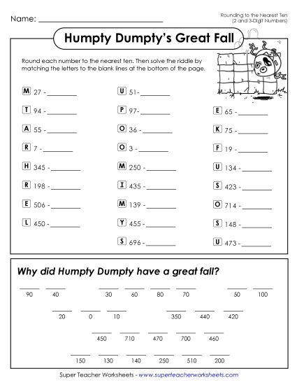 Nearest Ten (2 and 3-Digit Numbers) - Math Riddle: Humpty Dumpty (Printable PDF Worksheet)