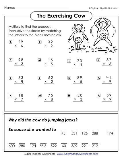 2-Digit Times 1-Digit Worksheets - Math Riddle: Jumping Cows (Printable PDF Worksheet)