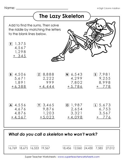Addition - Math Riddle: Lazy Bones (4-Digit Column Addition) (Printable PDF Worksheet)
